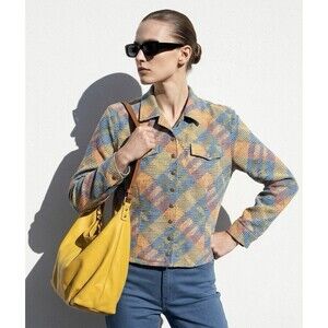 Women’s 12 Pearl Snap Top Geometric Pastels Long Sleeve Shacket